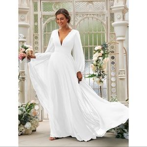 Hebeos A-Line/Princess Chiffon Ruffles V-neck Long Sleeves Sweep Dress